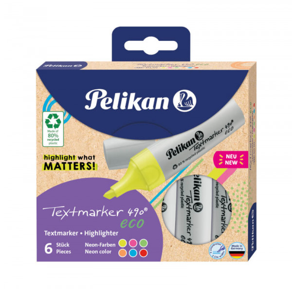 Pelikan Textmarker 490 eco Set aus 6 Neon-Farben im Etui