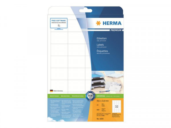 HERMA Etiketten Premium A4 weiß 48,3x33,8 mm Papier 800 St.