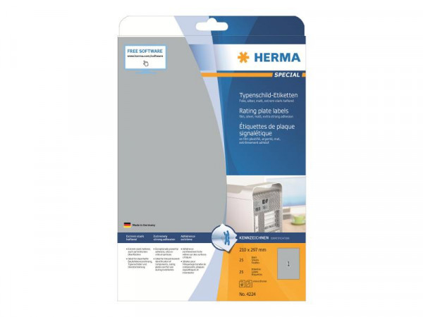 HERMA Typenschildetiketten A4 silb. 210x297 mm Folie 25 St.