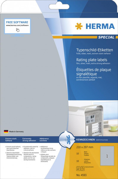 HERMA Typenschildetiketten A4 silb. 210x297 mm Folie 10 St.