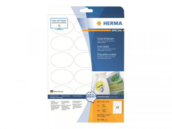 HERMA Etik. A4 weiß 63,5x42,3 mm oval ablösb. Papier 450 St.