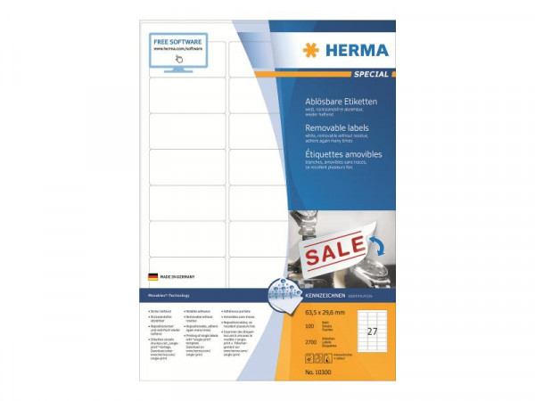 HERMA Etiketten A4 weiß 63,5x29,6 mm ablösb. Papier 2700 St.