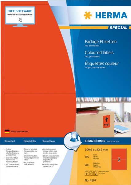 HERMA Etiketten A4 rot 199,6x143,5mm Papier matt 1400 St.