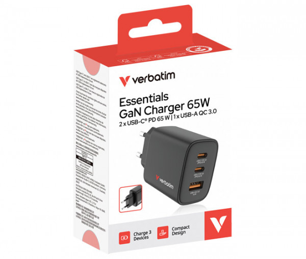 Verbatim GaN III Essentials Charger 3 Port 65W USB-A/C black