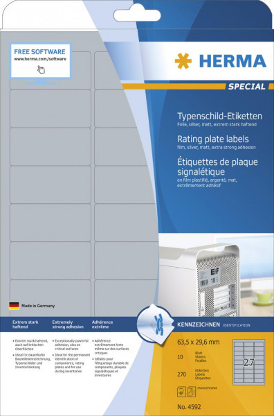 HERMA Typenschildetiketten A4 63,5x29,6 mm Folie 270 St.