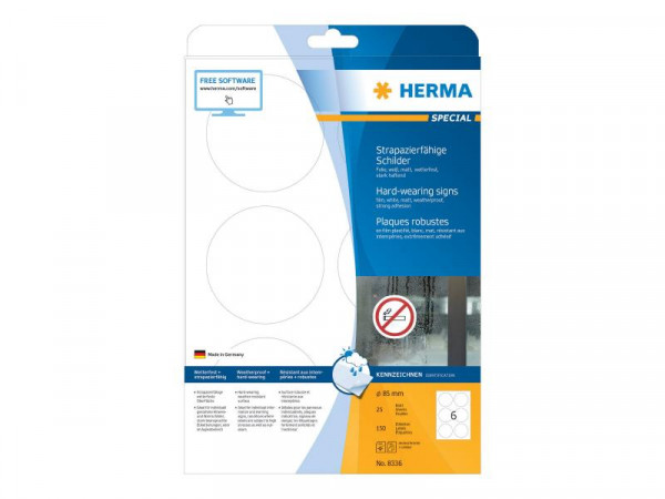 HERMA Schilder strapaz. A4 85 mm rund weiß Folie 150 St.