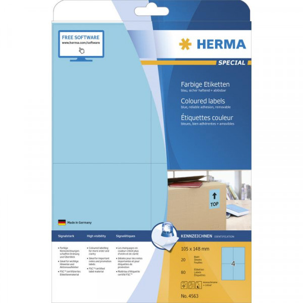 HERMA Etiketten A4 blau 105x148mm Papier matt ablösbar 80St.