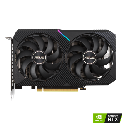 ASUS Dual GeForce RTX™ 3050 OC Edition 8GB GDDR6 mit zwei leistungsstarken Axial-tech-Lüftern und einem 2-Slot-Design für breite Kompatibilität.