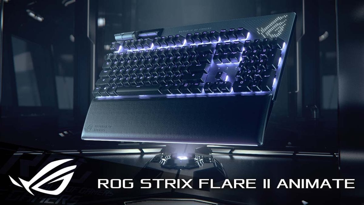 ROG Strix Flare II Animate mit weißer Beleuchtung auf Fels- und Sandhaufen