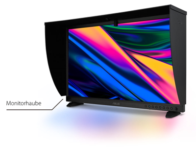Die Monitorhaube des ProArt Display PA32DC hilft, Reflexionen zu reduzieren.