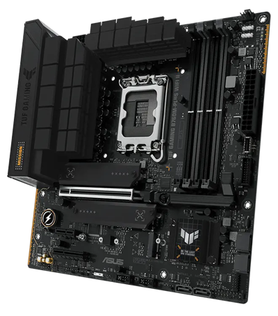 TUF Gaming motherboard front view, 60 degrees, with Aura lighting