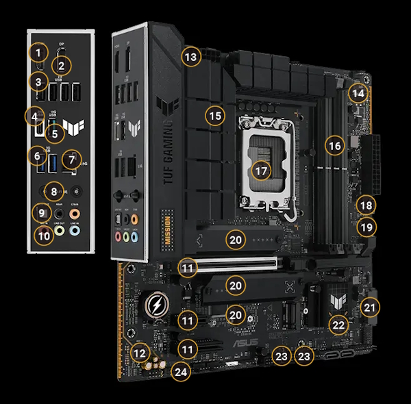 TUF Gaming Mainboard Frontansicht, mit Aura-Beleuchtung