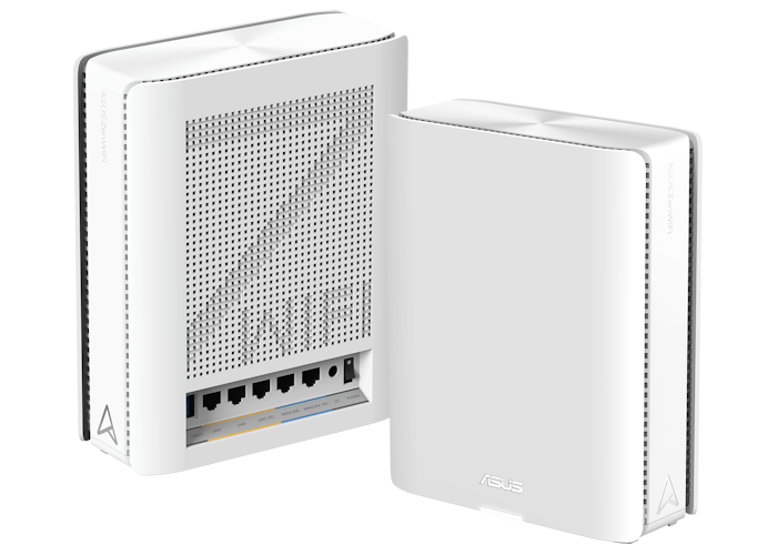 Ein einzelner ASUS ZenWiFi BQ16 Mesh-Router, der angewinkelt ist, um seine Wärmeableitungsöffnungen auf der Rückseite mit einem WiFi 7-Emblem hervorzuheben.