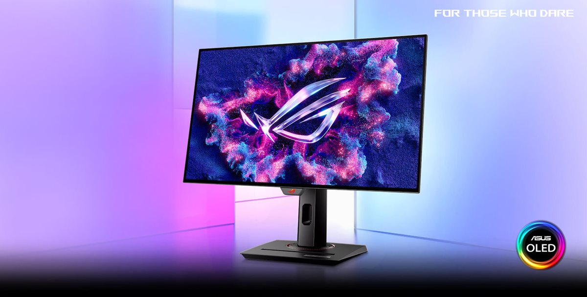 Der Monitor XG27AQDMG wird vor einem farbenfrohen, glasstrukturierten Hintergrund angezeigt.