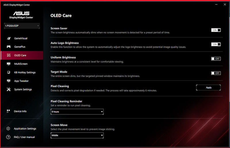 ASUS DisplayWidget Center UI mit Bildschirmschutzfunktionen wie dem Bildschirmschoner, der Pixelreinigung und der Bildschirmverschiebung.