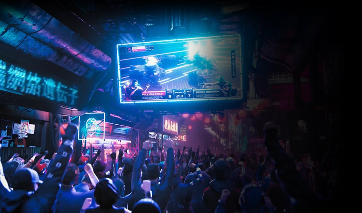 Eine Menschenmenge, die eine Live-Übertragung einer Schlacht verfolgt