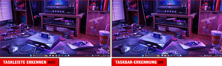 Das Vergleichsbild zeigt zwei Screenshots von Deskto. Die Taskleiste auf dem linken Bild ist normal, während die Taskleiste auf dem rechten Bild mit einem transparenten Effekt versehen ist.