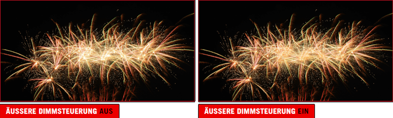 Bild eines Feuerwerks gegen einen dunklen Himmel. / Bild eines Feuerwerks vor einem dunklen Himmel, wobei die Mitte des Feuerwerks abgedunkelt ist.