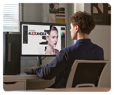 Ein Grafiker, der auf dem ProArt Display PA27JCV arbeitet, um ein digitales Kunstwerk zu erstellen.