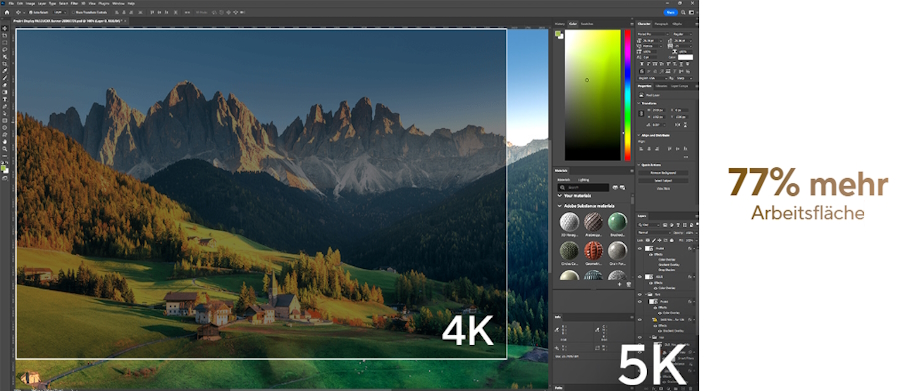 Ein Seite-an-Seite-Vergleich eines 4K- und 5K-Bildes auf einem Computerbildschirm, der den unterschiedlichen Arbeitsbereich im Detail zeigt.