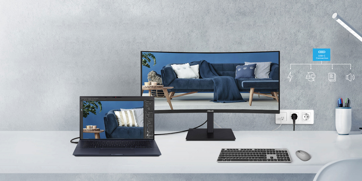 USB-C mit vollem Funktionsumfang ermöglicht Datenübertragungen, Videos und 65 W Stromversorgung über ein USB-C-Kabel.