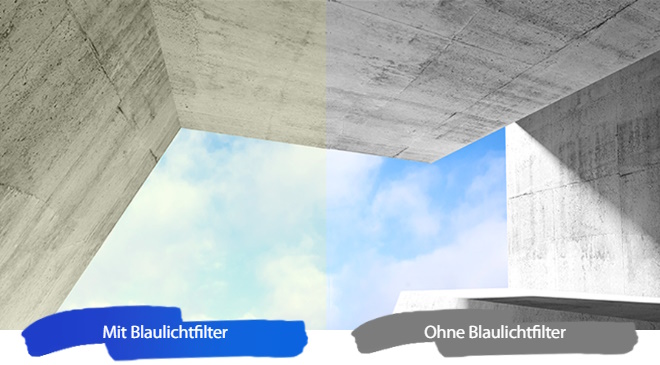 Ein Landschaftsfoto mit eingeschaltetem/ausgeschaltetem Blaulichtfilter