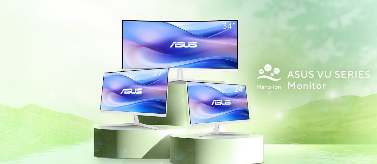 Ein Foto, das die verschiedenen Ansichten der verfügbaren Positionen für den ASUS VU Monitor zeigt