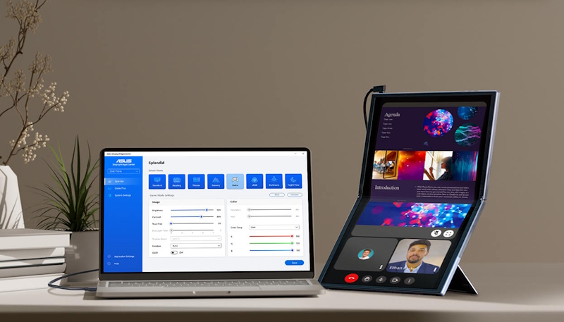 Zeigt eine Arbeitseinstellung eines Laptops, der an den MQ17QH angeschlossen und auf Hochformat eingestellt ist