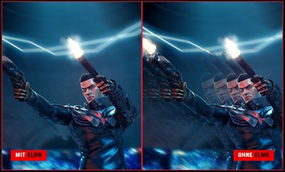 Ein Screenshot einer Spielfigur, die zwei Waffen abfeuert / Ein Screenshot einer Spielfigur, die zwei Waffen abfeuert, wobei das Bild eine erhebliche Bewegungsunschärfe aufweist.