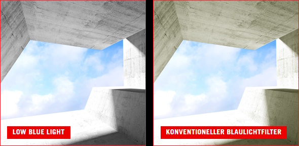 Monitor mit hardwarebasiertem ASUS Low Blue Light reduziert schädliche Blaulicht-Emissionen/Monitore ohne hardwarebasiertes ASUS Low Blue Light haben einen Gelbstich in der Darstellung