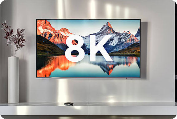 Ein an der Wand montierter Fernseher, der 8K über einem malerischen Berg- und Seebild anzeigt