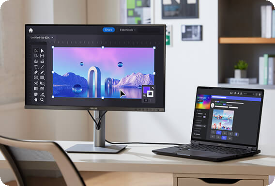 Ein Laptop mit erweitertem Display zeigt den Workflow zur Erstellung von KI-Inhalten