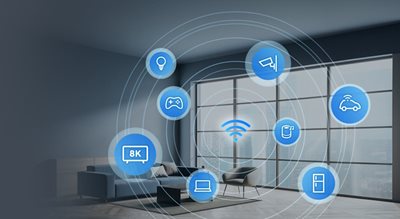 Smart Home-Gerätesymbole, die ein WiFi-Symbol einkreisen.
