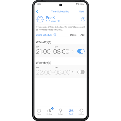 Zeitplanungsschnittstelle für ein Vorschulkind mit Optionen zur Auswahl von Online-Zeitplänen für Wochentage und Wochenenden.
