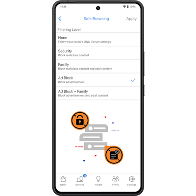 Safe Browsing-Oberfläche mit vier Filterstufen: Sicherheit, Familie, Werbeblocker und Werbeblocker und Familie.