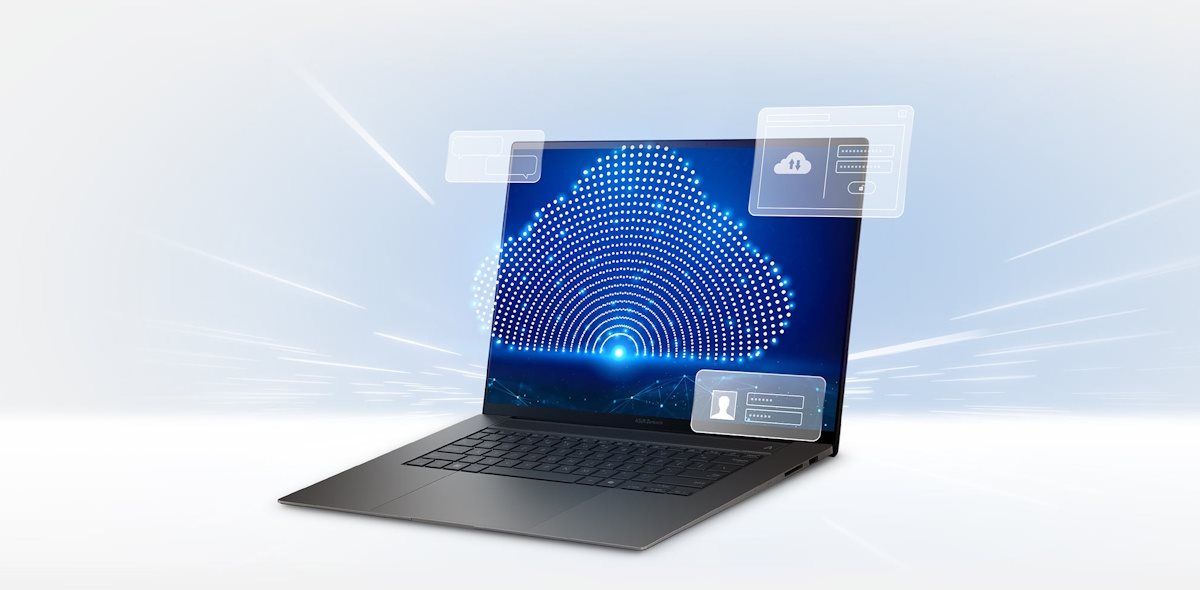 Ein Laptop mit einer digitalen Sicherheitsschnittstelle und einem Schloss-Symbol auf einer Wolke.