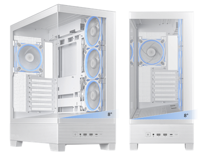 Eine schräge Ansicht des ASUS A31 PLUS zeigt den 8°-Winkel der Basis / Die Frontansicht des ASUS A31 PLUS zeigt den 8°-Winkel der Basis