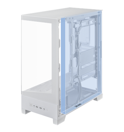 Schräge Seitenansicht des ASUS A31 PLUS PC-Gehäuses mit abgenommener Seitenwand / highlight auf dem 33 mm breiten Kabelführungsraum des ASUS A31 PLUS PC-Gehäuses