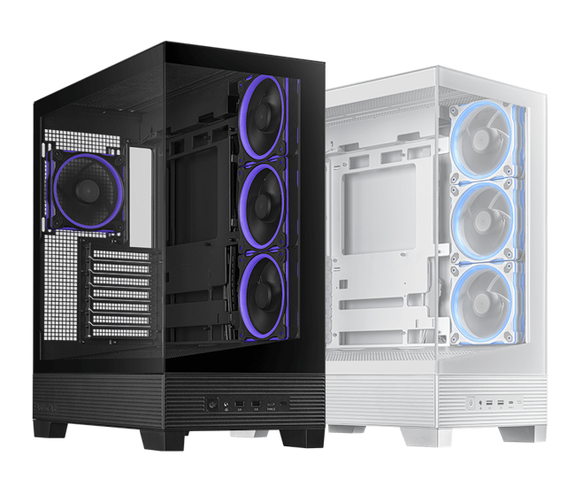 Seitenansicht eines schwarzen und eines weißen ASUS A31 PLUS PC-Baus