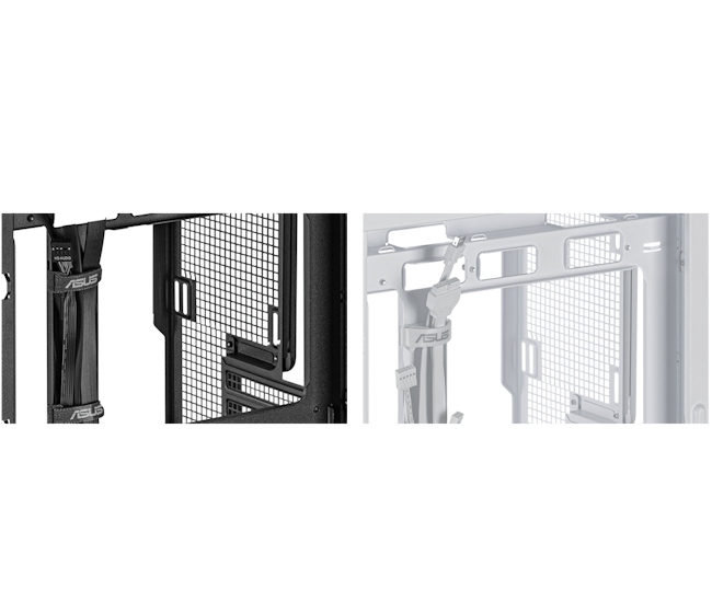 Nahaufnahme der Seitenansicht des ASUS A31 PLUS PC-Gehäuses mit farblich abgestimmten Kabeloptionen