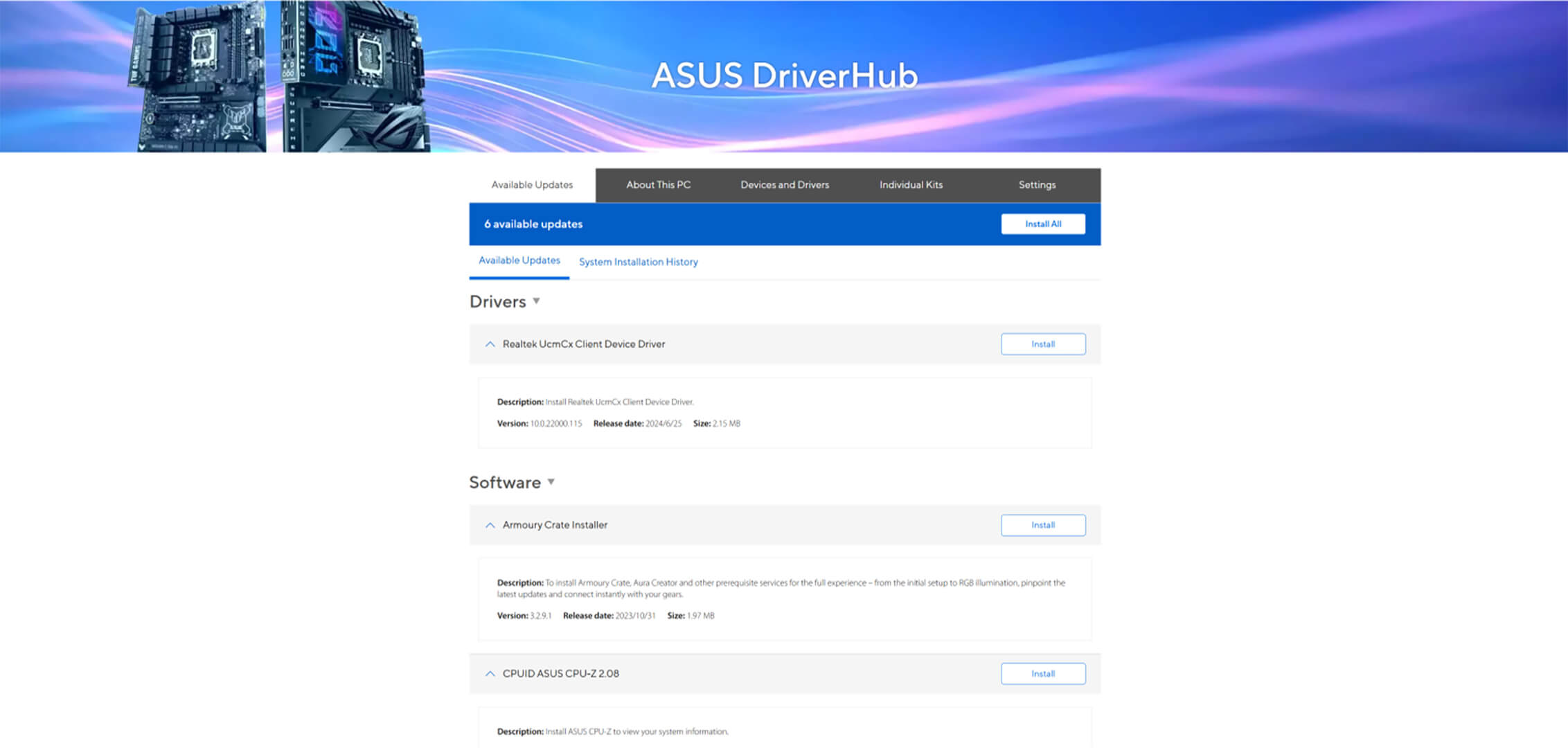 ASUS DriverHub UI Foto