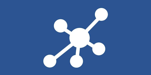 Weißes Netzwerksymbol mit verbundenen Knotenpunkten auf blauem Hintergrund, darunter der Text
