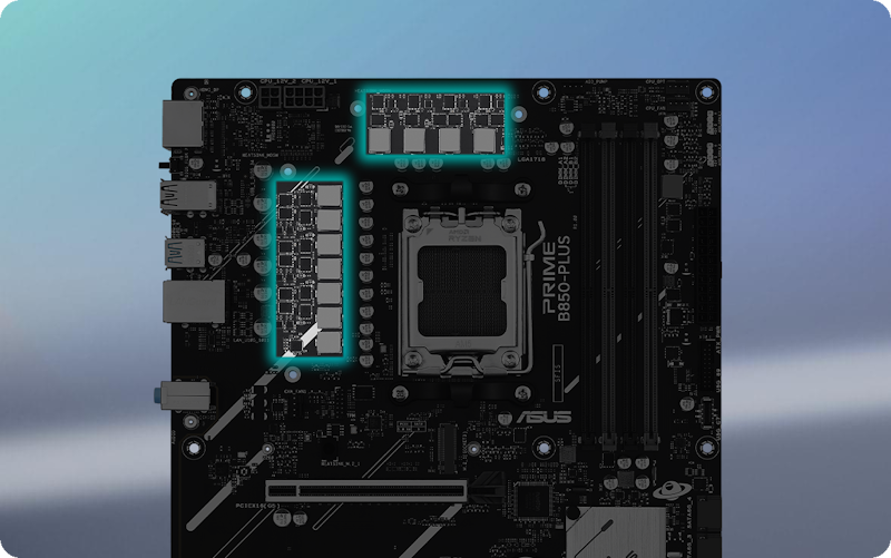 Schräge Draufsicht auf das PRIME B850-PLUS-CSM Motherboard.