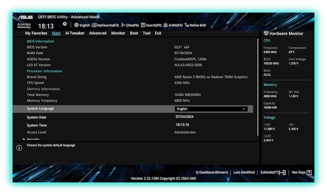 UEFI BIOS Advanced Mode UI.