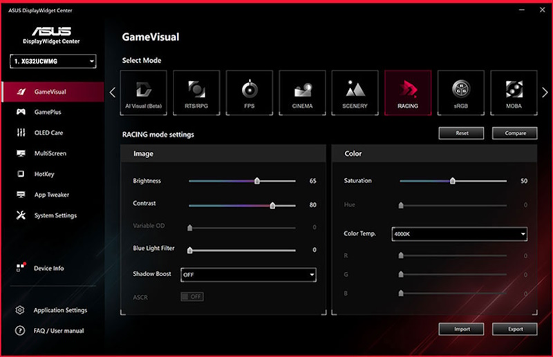 Screenshot der neuen ASUS DisplayWidget Center UI mit Systemeinstellungen, OLED-Funktionen und mehr.
