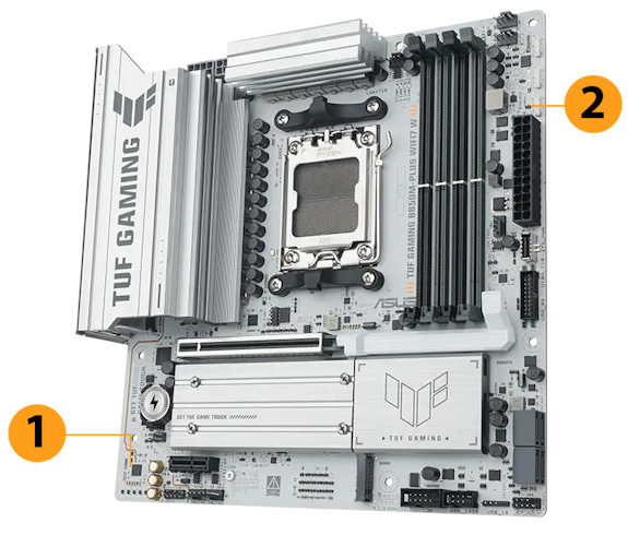 TUF Gaming Mainboard Frontansicht, 60 Grad, mit Aura-Beleuchtung