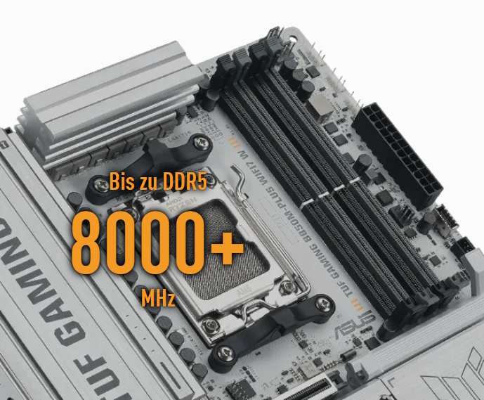 Die Nahaufnahme des TUF GAMING B850M-PLUS WIFI7 W zeigt die DDR5-Speichersteckplätze mit einem Etikett, das die Unterstützung von DDR5-Modulen mit bis zu 8000+ MHz anzeigt.