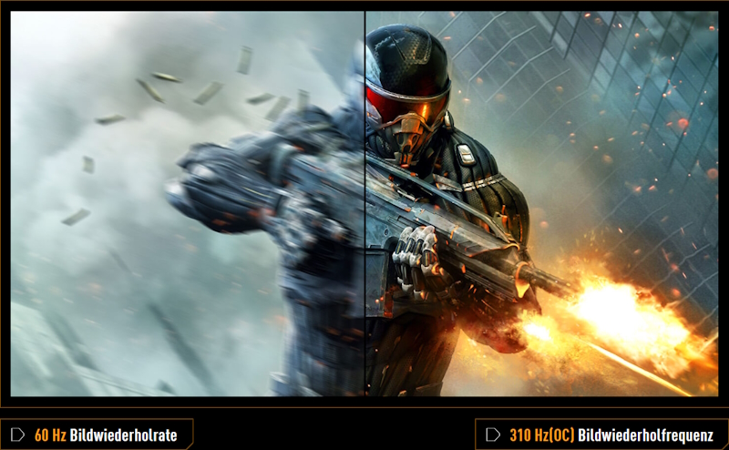 Schießende Soldaten im Spiel mit einer 60Hz-Anzeige auf der linken Seite im Vergleich zur glatten, scharfen 3100Hz(OC)-Anzeige des VG259QMR5A-Monitors auf der rechten Seite.
