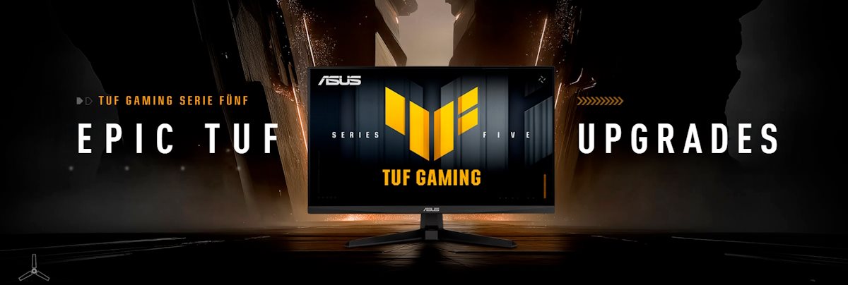 Der TUF Gaming Monitor VG259QMR5A zeigt lebendige, farbenfrohe Grafiken mit dem TUF-Logo in der Mitte.
