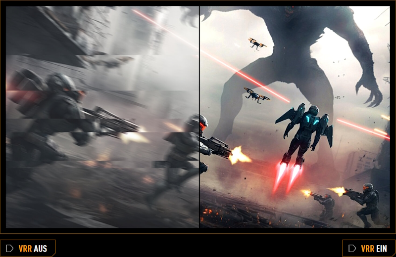 Ein Soldat, der ein Monster erschießt, mit ausgeschalteter VRR, links mit Unschärfe, rechts ohne Tränen.